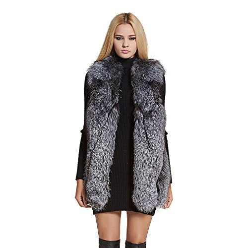 fur story Women's Fur Vest with Real Fox Fur Thick Warm Vest Sleeveless V Neck
