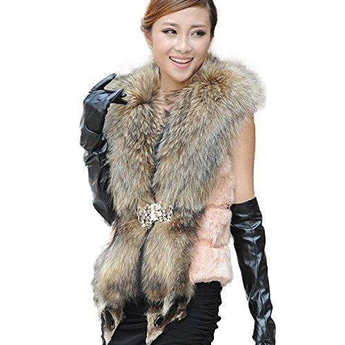 Fur Story Women's Short Real Rabbit Fur Vest with Raccoon Fur Collar