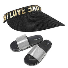 Load image into Gallery viewer, Fur Story FS20S11 Women&#39;s Glitter Rhinestone Slides Sun Straw Hat Beach Summer Hat Set Platform Sandals Black Gold Silver