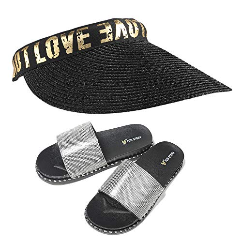 Fur Story FS20S11 Women's Glitter Rhinestone Slides Sun Straw Hat Beach Summer Hat Set Platform Sandals Black Gold Silver