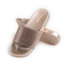Load image into Gallery viewer, Fur Story Women&#39;s Slides Glitter Rhinestone Black Gold Silver Sandals (Low Gold )