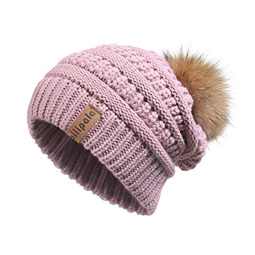 Beanie Hat with Real Fur Pompom Winter hat Skull Cap Slouchy Ski Cap for Women