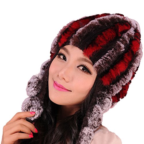 Fur Story Women's Real Rex Rabbit Fur Hat Thick Warm Winter Hat with Fur Tassels Headgear