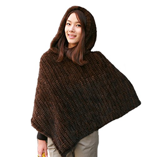 Fur Story Women's Knitted Real Mink Fur Poncho with Fur Hood Thick Warm Poncho (Black)
