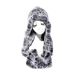 Fur Story 15670 Women's Knitted Real Rabbit Fur Beanie Hat with Fur Hat Scarf