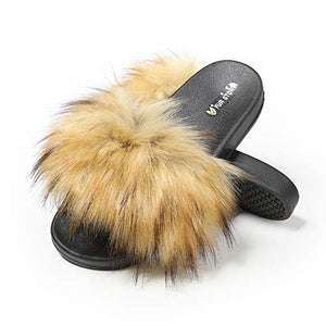 Fur Story ladies outdoor faux fur furry sandals (faux raccoon skin)