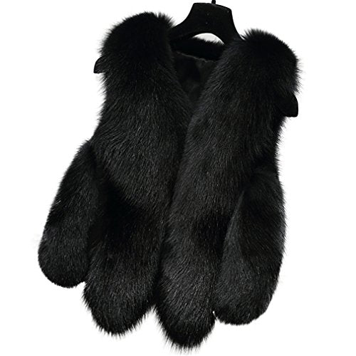 Fur Story Women's Fur Vest with Real Fox Fur Thick Warm Vest Sleeveless V Neck