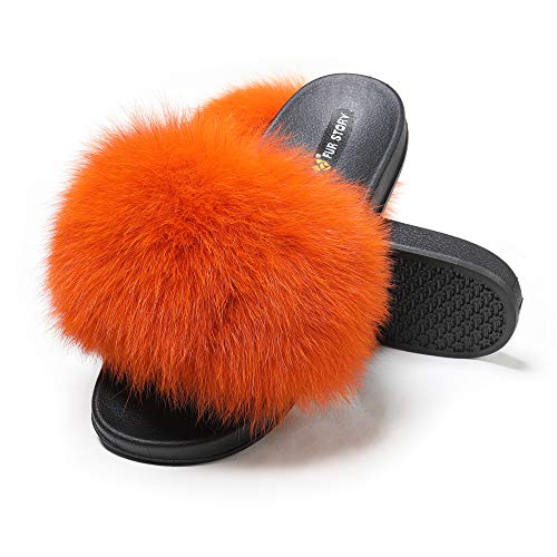 Fur Story Women's Fox Fur Slides Furry Slide for Outdoor Fluffy Sandals Open Toe Fur Slippers