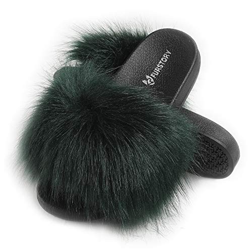 Fur Story FS19S05A Women's Faux Fur Slides for Outdoor Furry Slide Sandals Fur Slippers
