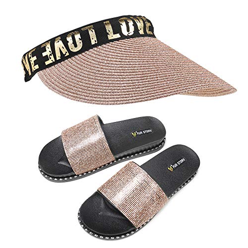 Fur Story FS20S11 Women's Glitter Rhinestone Slides Sun Straw Hat Beach Summer Hat Set Platform Sandals Black Gold Silver