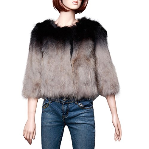 Fur Story Women's Fur Coat with Real Raccon Fur Warm Coat 3/4 Sleeve O Neck Gradient Color