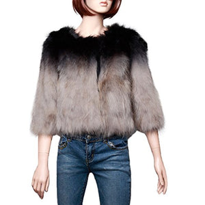 Fur Story Women's Fur Coat with Real Raccon Fur Warm Coat 3/4 Sleeve O Neck Gradient Color