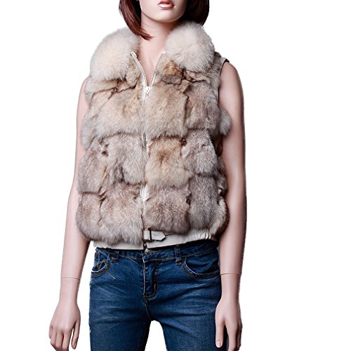 Fur Story Women's Real Fox Fur Vest with Fox Fur Collar Thick Warm Vest Sleeveless