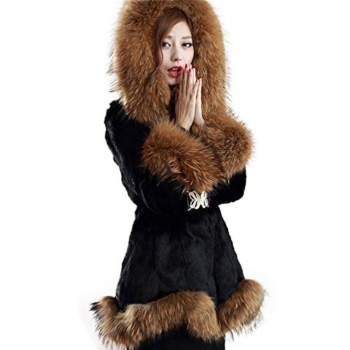 fur story Women's Long Real Rabbit/Raccoon Fur Coat with Fur Hood Cuff and Hem Full Sleeve
