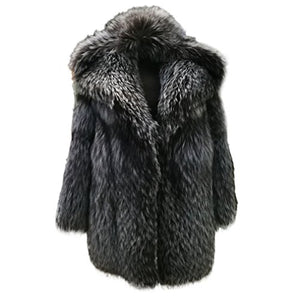 Fur Story 16193B Women's Middle Long Real Fox Fur Coat with Fur Trim Hood