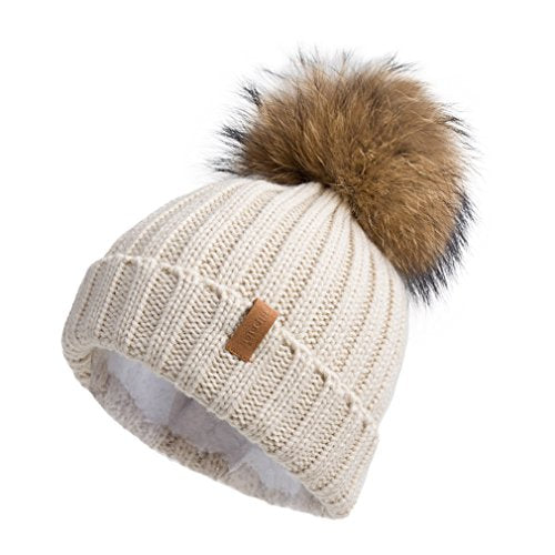Knitted Beanie Hat with Fur Pom