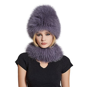 Fur Story FS17613 Women's Real Fox Fur Skullies Beanie Hat Scarf Set Elastic Warm Winter Hats Women