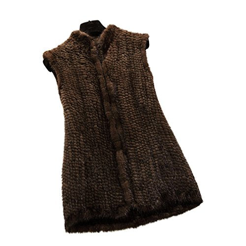 fur story Women's Fur Vest Knitted with Real Mink Fur Sleeveless Stand up Collar 80CM Length