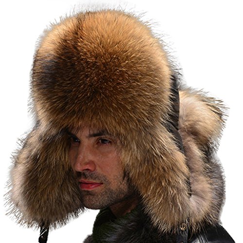 Fur Story Men's Fur Trapper Hat with Sheepskin Earflap Fox Fur Bomber Hat Winter Skiing Trooper Hat