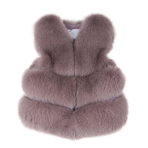 fur story Women's Fur Vest with Real Fox Fur Thick Warm Vest Sleeveless V Neck