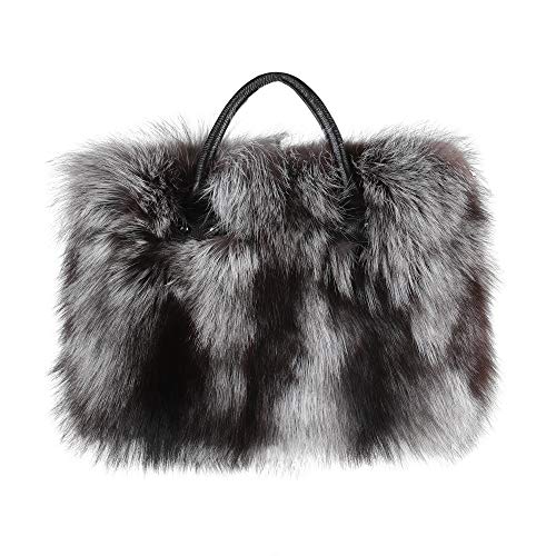 Fur Story Women's Winter Fur Bag Silver Fox Handbag Leather Ladies Shoulder Bag