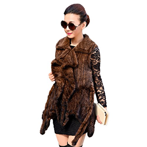 Fur Story Women's Knitted Long Real Mink Fur Vest with Mink Fur Belt Sleeveless V Neck