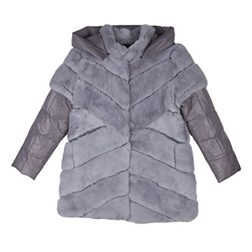 Fur Story Women's Long Real Rex Rabbit Fur Coat with Genuine Sheep Leather Full Sleeve O Neck
