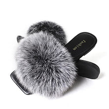 Load image into Gallery viewer, Womens Flat Furry Slides Toe Square Fox Fur Fuzzy Sandals Fashion Dressy Shoes for Ladies Black Sexy Slippers with Open Toe