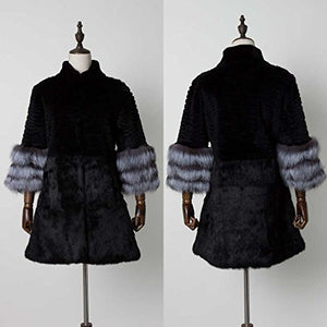 Women's Genuine Rabbit Fur Coat with Fox Fur Cuffs Warm Winter Coat