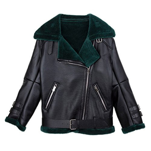 Fur Story Women's Synthetic Leather Jacket with Real Lamb Fur Double Faced Fur Coat Full Sleeve