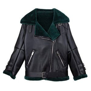 Fur Story Women's Synthetic Leather Jacket with Real Lamb Fur Double Faced Fur Coat Full Sleeve