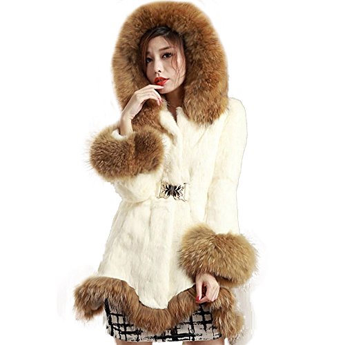 fur story Women's Long Real Rabbit/Raccoon Fur Coat with Fur Hood Cuff and Hem Full Sleeve