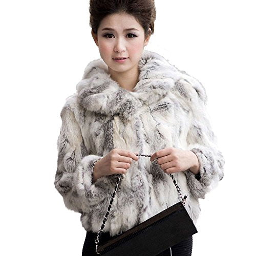 Fur Story Women's Fur Coat with Real Rabbit Fur Thick Warm Coat Nine Points Sleeve Turn Down Collar