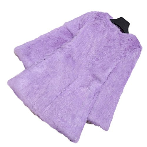 Fur Story Women's Long Fur Coat with Real Rabbit Fur Thick Warm Nine Points Sleeve O Neck US 6 (Purple)