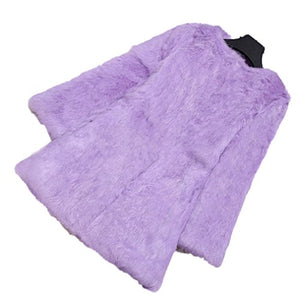 Fur Story Women's Long Fur Coat with Real Rabbit Fur Thick Warm Nine Points Sleeve O Neck US 8 (Purple)