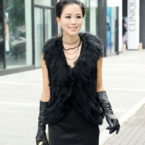 Natural Rabbit Fur Vest with Lamb Wool Fur Collar Hand Knit Vest Coat Jacket Shawl 6colors