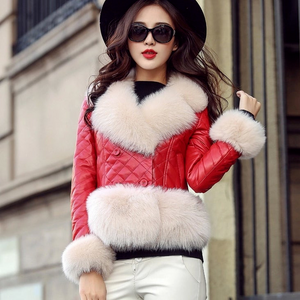 Genuine Leather Jacket Coat for Women Winter with Natural Fox Fur Collar and Trim