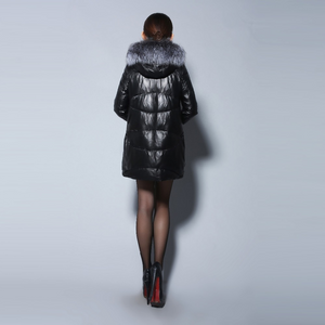 Women's Genuine Sheep Leather Down Coats Real Fox Fur Hood Warm Leather Down Coat Female