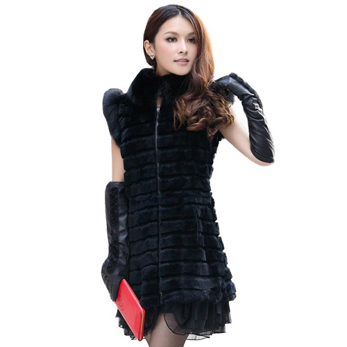 Natural Rex Rabbit Fur Vest with Fox Fur Collar and Cuff Lace Hem Real Fur Vest Female 13218