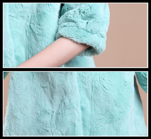 Women's Natural Rex Rabbit Fur Coat with Big Skirt Hem Half Sleeve