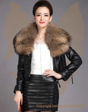 Load image into Gallery viewer, Women&#39;s Short Genuine Sheep Leather Coat with Raccoon Fur Collar