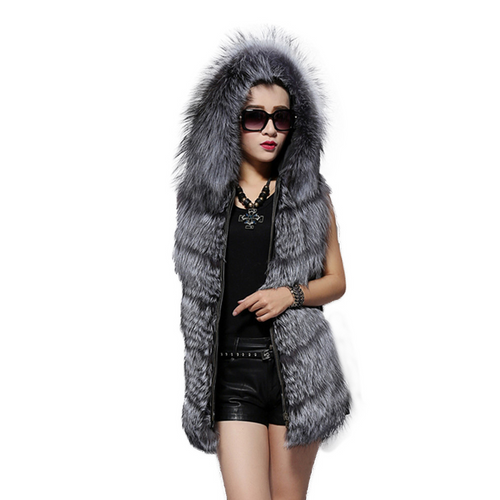 Natural Silver Fox Fur Hood Vest Fashion Design Genuine Sheep Leather