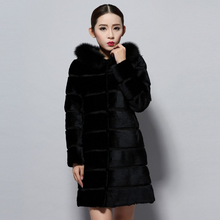 Load image into Gallery viewer, Natural Rabbit Fur Coat  with Hood Fox Fur Collar Top Grade Fur Jacket Outwear Winter Overcoat Women Dress