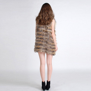 Natural Knitted Rabbit Fur Vest Raccoon Fur Collar Placket Strips Waistcoat 13202