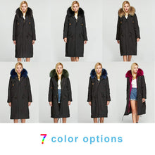 Load image into Gallery viewer, Fur Story&#39;s winter ladies leather parka coat with thick hooded long fur coat with raccoon fur