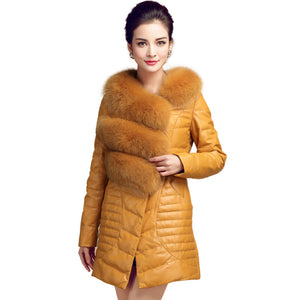 Genuine Leather Women's Winter Down Coat Real Fox Fur Collar Decoration Female Outwear