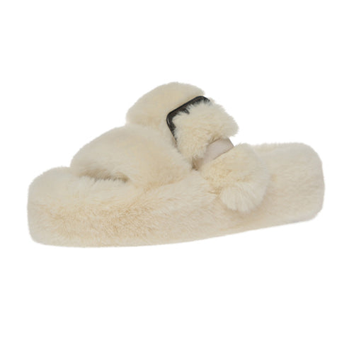 Womens Open Toe Slipper with Cozy Lining， Faux Rabbit Fur Sandals 22S04