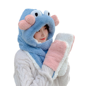 Winter Warm Women Hoodie Hat Scarf Gloves Set Soft Plush Thick Warm Hat 22620