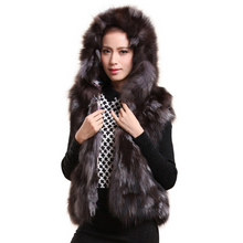 Load image into Gallery viewer, natural Silver Fox Fur Vest with Big Hood Waistcoat In Fashion Jacket