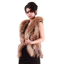 Load image into Gallery viewer, Women&#39;s Short Real Rabbit Fur Vest with Fur Hood Raccoon Fur Hood Trim and Placket Hand Knitted